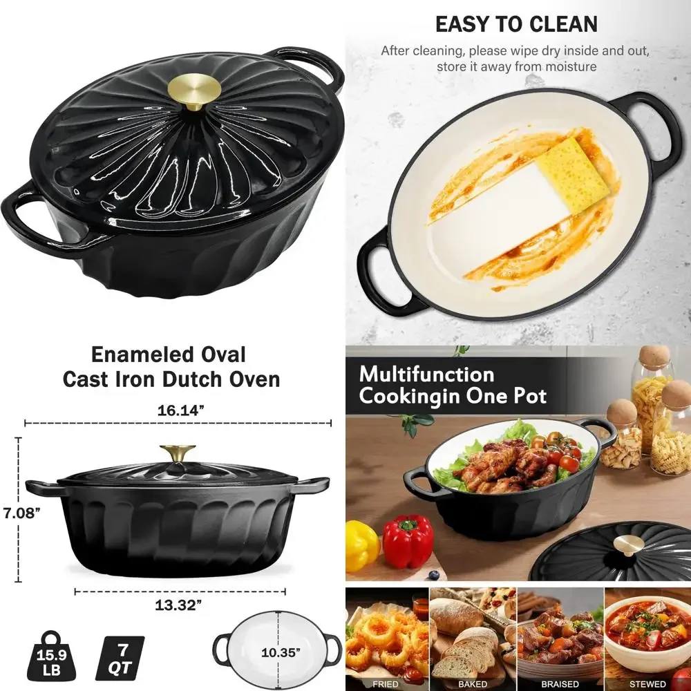 

Enameled Oval Dutch Oven Pot with Lid, 7 QT Cast Iron Dutch Oven with Dual Handles for Cooking, Bread Baking, Frying, Non-stick