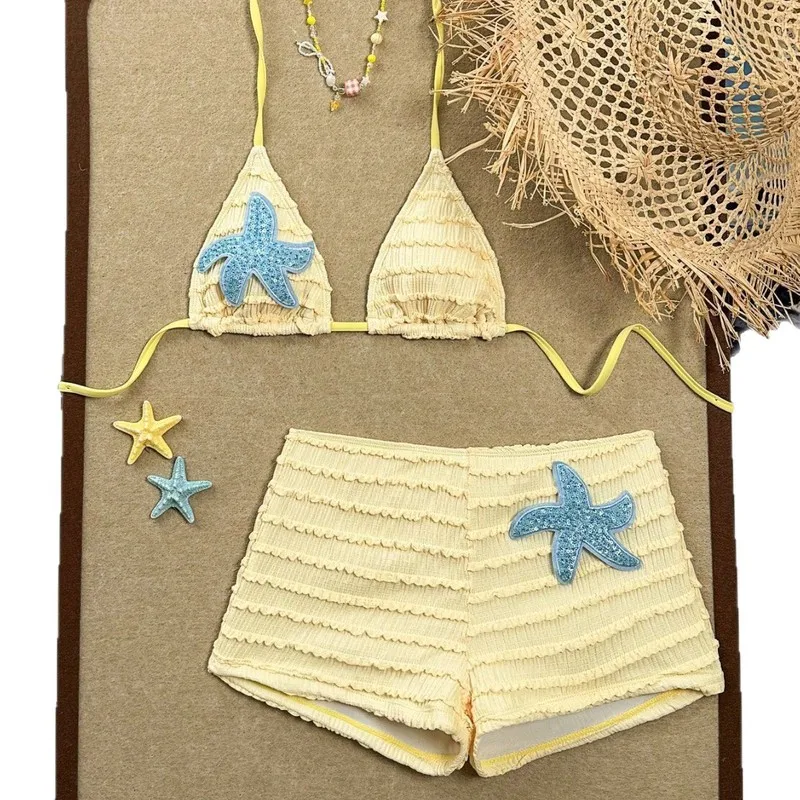 2027 Summer New Sexy Halter Neck Starfish Pattern Embroidered Bikini Two Piece Set Women'S Swimwear For Beach Vacation Pool Part