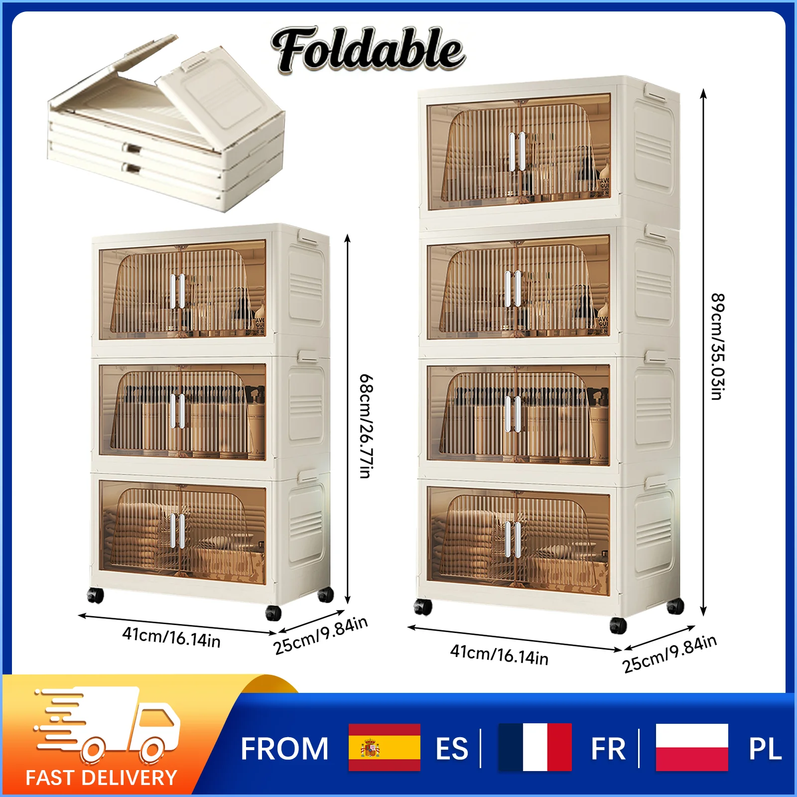 Tiroirs de rangement mobiles empilables à ouverture frontale et supérieure, boîte de rangement pliable avec roulettes universelles pour chambre, cuisine, bureau
