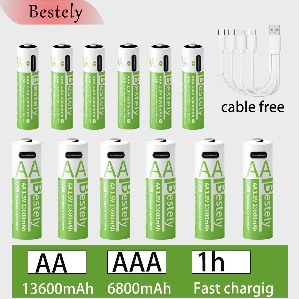 New 1.5V AA 13600mAh+AAA 6800mAh Lithium rechargeable Battery,USB Fast Charging Li-ion Battery , 2000 Cycles with USB- C Cable