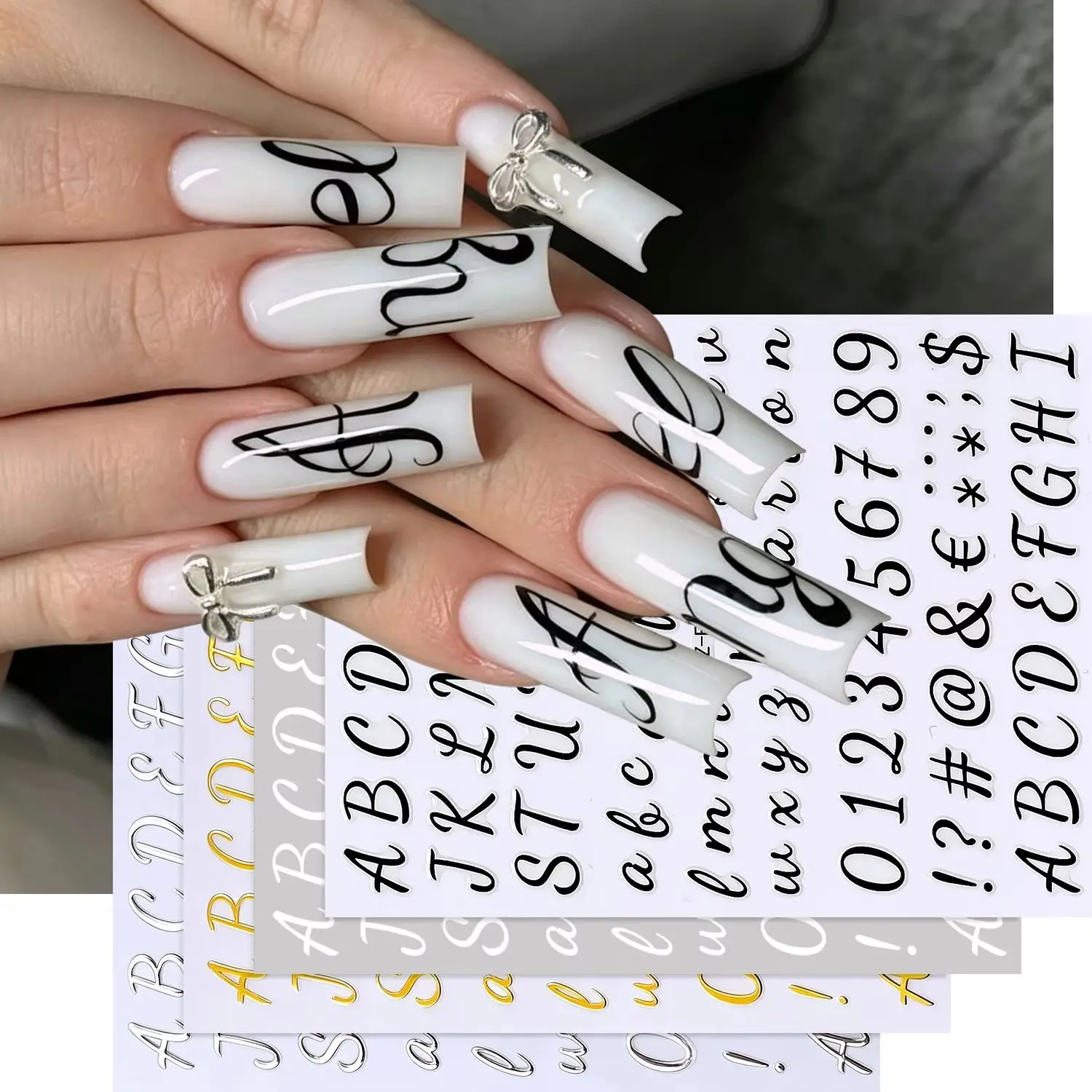 4Pcs/Set 3D Small Roman Alphabet Number Nail Stickers English Letter Self-adhesive Decals Y2K English Words Manicure Sliders