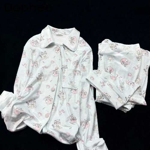 

Autumn and Winter New Japanese Girl Cute Sweet Lapel Long-sleeved Pajamas Cartoon Fluff Warm Casual Loose Loungewear Set