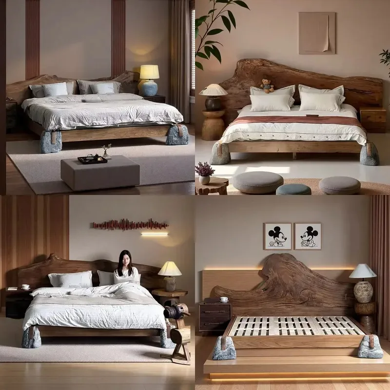 Hand Carved Oak Solid Wood Double Bed Frame Antique Log Design Chinese Original Stone and Wood Combination