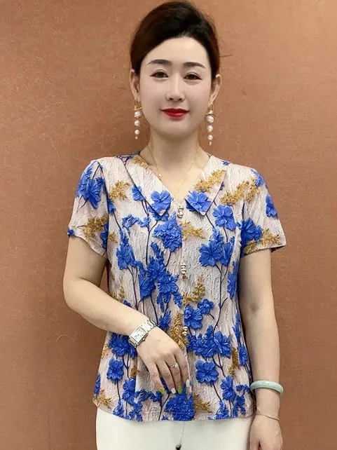 Camiseta de Verano de Manga Corta con Cuello de Muñeca y Estampado Floral, Estilo Mamá Moderna, para Mujeres de Mediana Edad ...