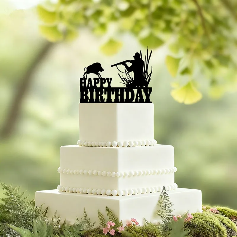 Gun Theme Happy Birthday Cake Topper Hunter With Gun With His Hunting Dog  Birthday Cake Topper for Boy\'s Men\'