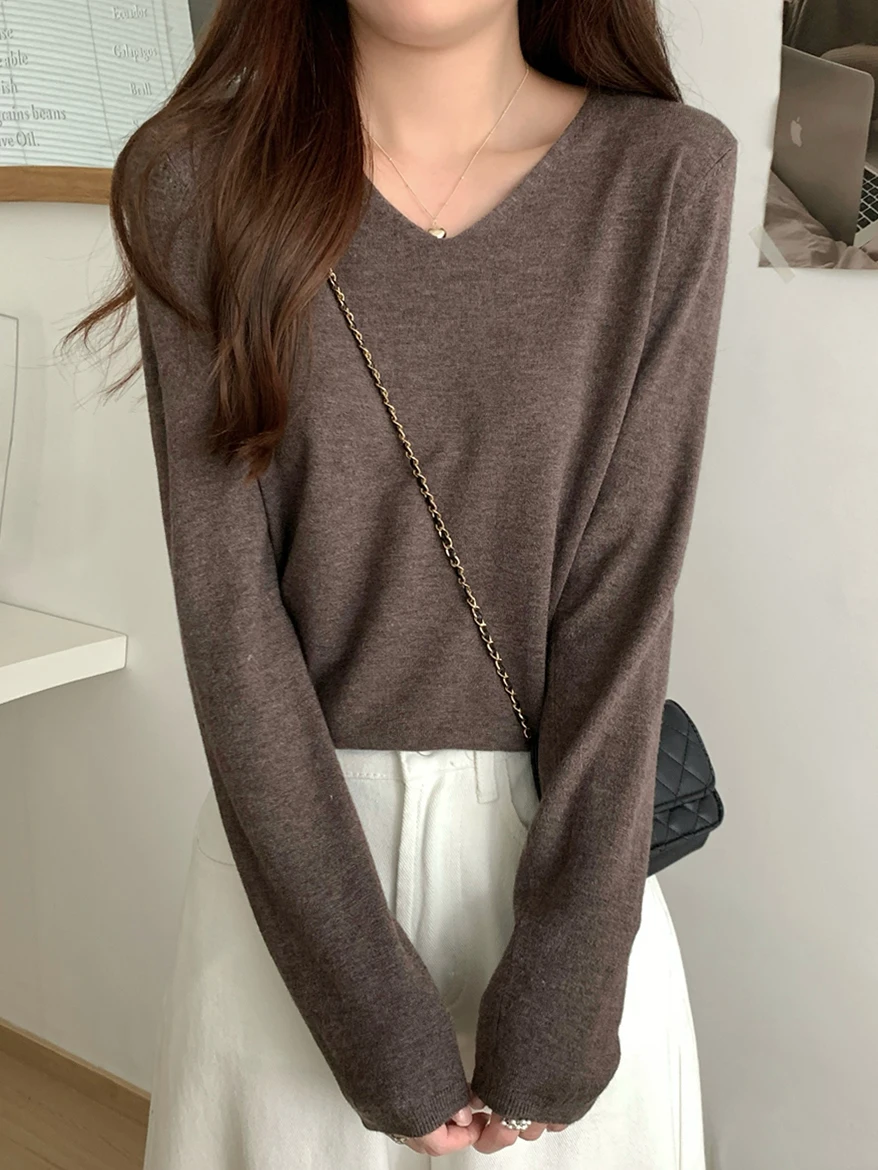 

Женский вязаный свитер V-Ne Long Sve, свободный крой, мягкий уютный базовый слой, модный осенний модный корейский свитер, одежда для поездок на работу