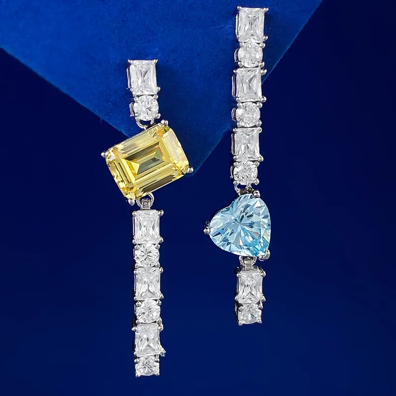 

New 925 Silver Wind Shiny Crystal Contrast Long Strip Earrings Yellow Diamond Sea Blue Love Earrings Pair