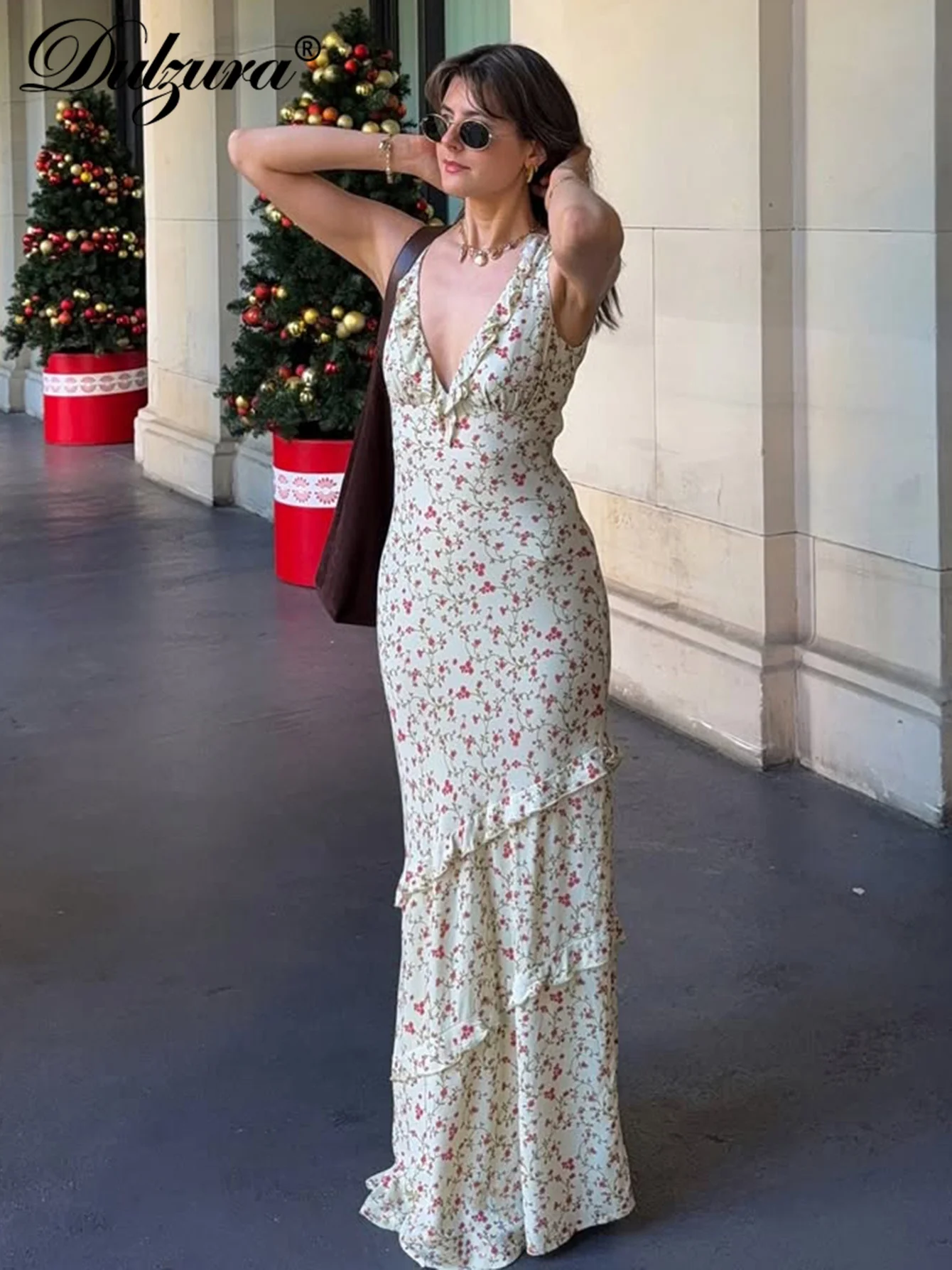 Dulzura المرأة الخامس الرقبة بلا أكمام Bodycon الجانب الشق الأزهار طباعة فستان ماكسي مثير أنيق فستان كاجوال نادي الحفلات الشارع الملابس