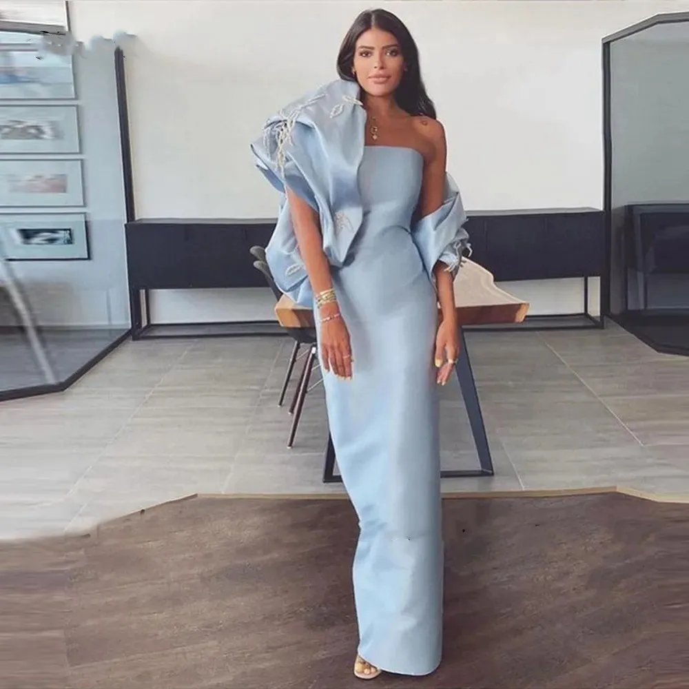 

Flora Dress Elegant Sky Blue Satin Boat Neck Evening Dresses With Shawl Sleeves Shiny Beads Long Dubai Arabic Women Prom Gowns