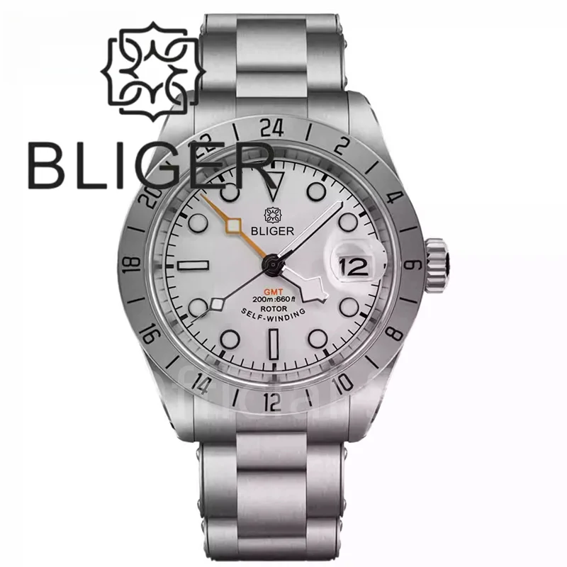 

BLIGER Vintage NH34 GMT Watch 39mm Stainless Steel Dual Time Zone Fixed Bezel Sapphire Glass Black White Dial Snowflake Hands