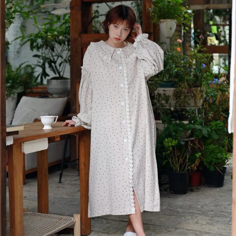 Women's Cotton-Linen Blend Nightgown. Vintage Peter Pan Collar Sleep Dress with Lace Trim. Long Sleeve House Dress for Lounging