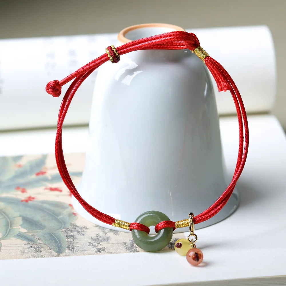 Red Rope Bracelet Hand-Woven Hetian Jade Peace Buckle Red Rope for Men and Women Couple Gift Bracelet