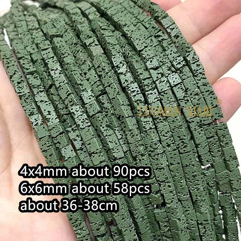 4X4Mm 6X6Mm Kubus Vulkanische Lava Natuursteen Roze Zwart Groen Vierkant Spacer Kralen Voor Sieraden Maken Diy Armband Accessoires