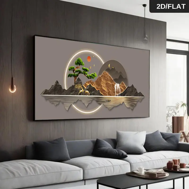 One Modern Abstract Landscape Oil Painting - A Tranquil Scene of Pine Trees, Mountains, and Wildlife; Ideal for Living Room or B
