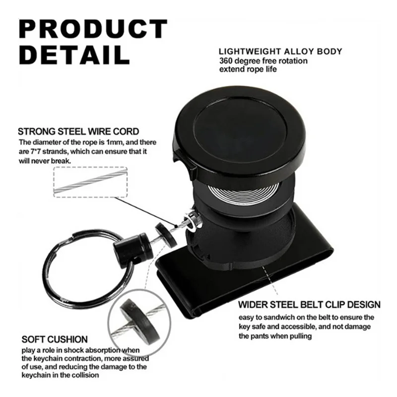 ABFN-Heavy Duty Retractable Keychain With Belt Clip, 360° Retractable Keychain Heavy Duty With Wire Rope And Key Ring 2Pack