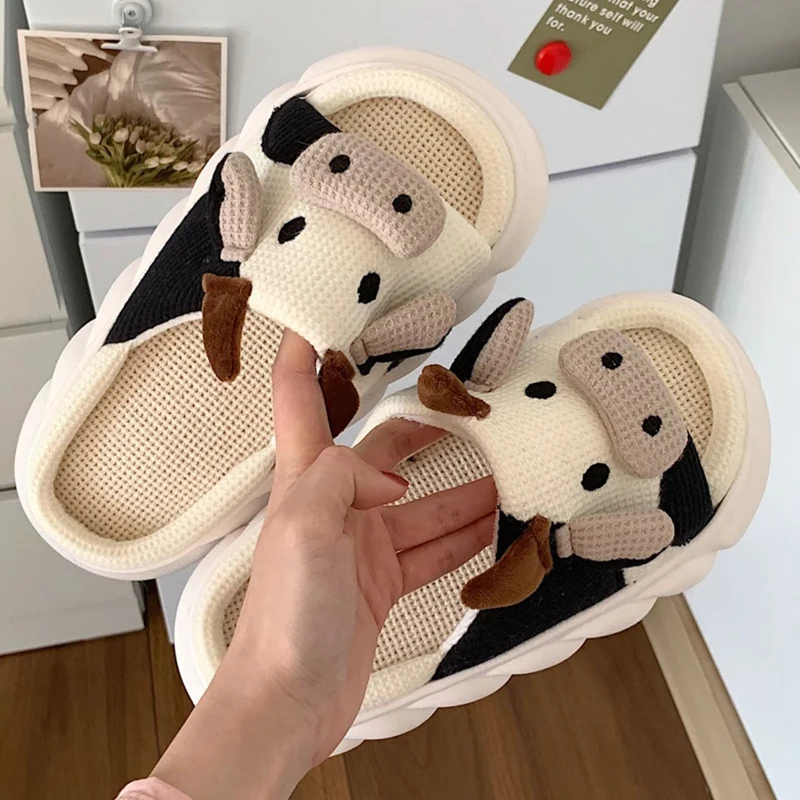 Comwarm Cute Cow Platform Slippers Women Four Seasons New Linen Women's Thick Sandals Home Cartoon Slides Soft Non-slip Shoes