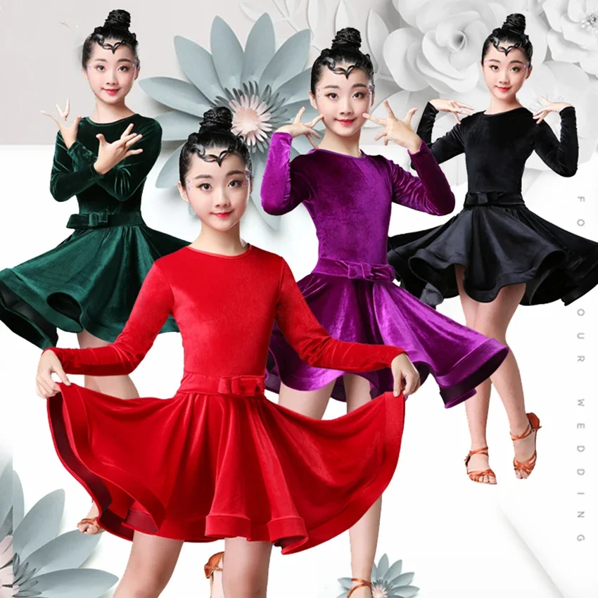 

Velvet Long Sleeves Latin Dance Dress For Girls Children Kids Competition Ballroom Tango Salsa Dancewear Practice Wear Cha Cha