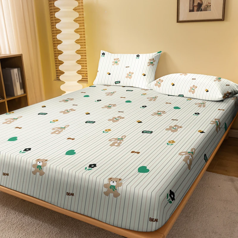 1 Cartoon Cute animal Bear printed matte Fitted Sheet, bedroom printed bed cover, bedding (excluding pillowcases)