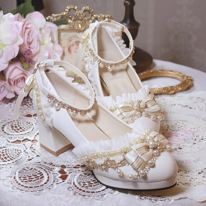 Lolita Flower Wedding High Heel Lolita Shoes One Night Story Handmade Customized Tea Party Versatile Thick Heel Lolita Shoes