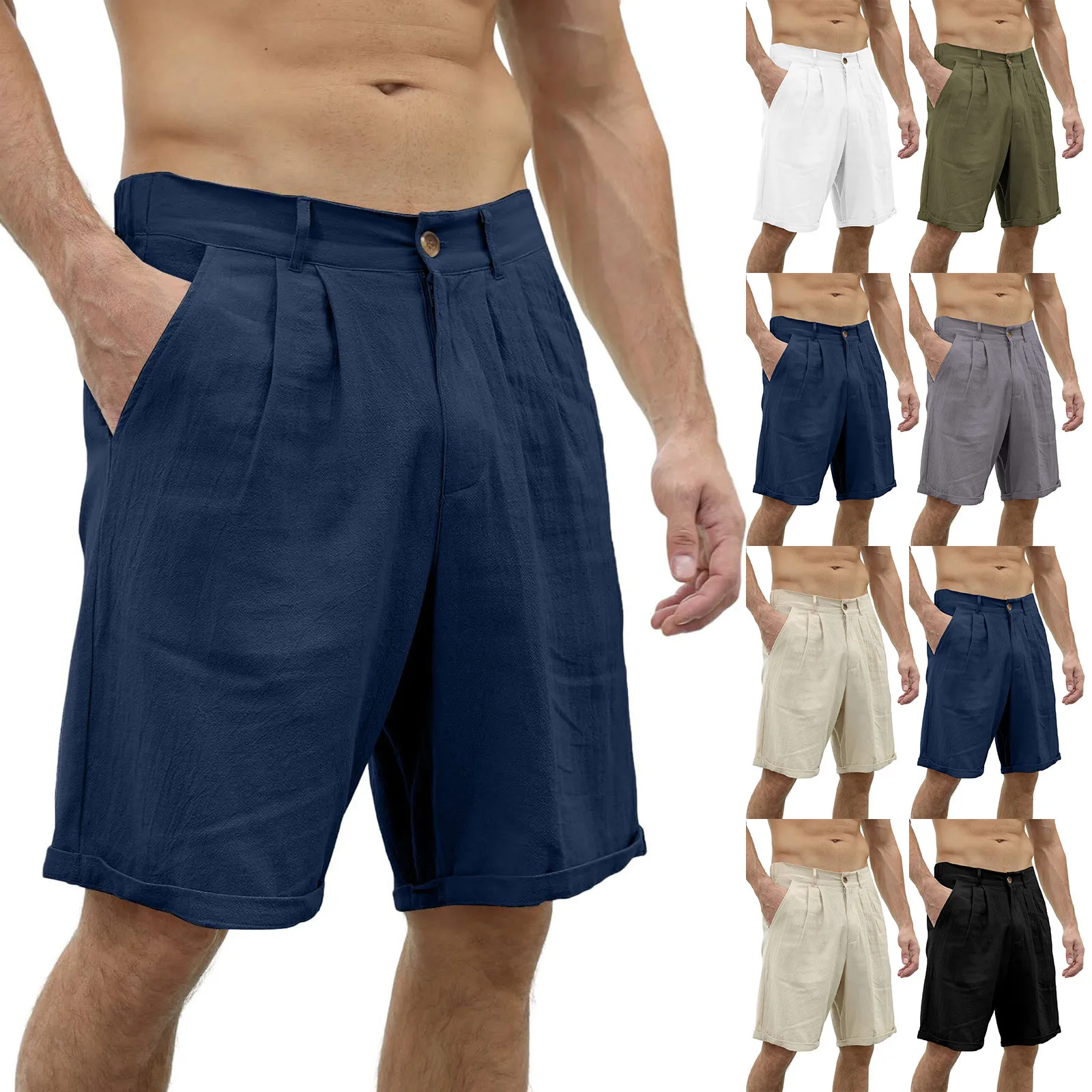 Mens Solid Linen Casual Beach Shorts Cotton Classic Summer Shorts Buttons Elastic Waist Quick Dry Fashion Surfing Swim Trunks