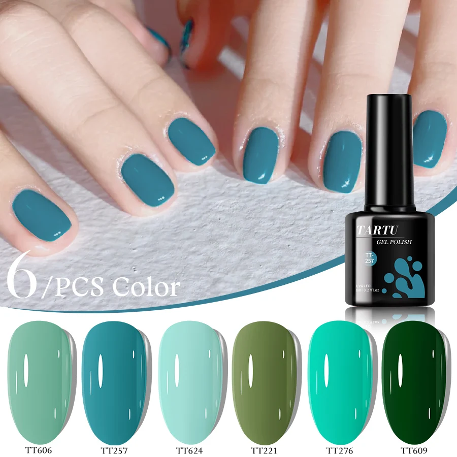 ชุดยาทาเล็บเจลกึ่งถาวร 6 สี ได้แก่ สีแดง สีน้ำเงิน สีเขียว สีชมพู สีครีม สีนู้ด และสีแดงอมน้ำตาล ทนความชื้น ป้องกันรังสียูวี/แอลอีดี