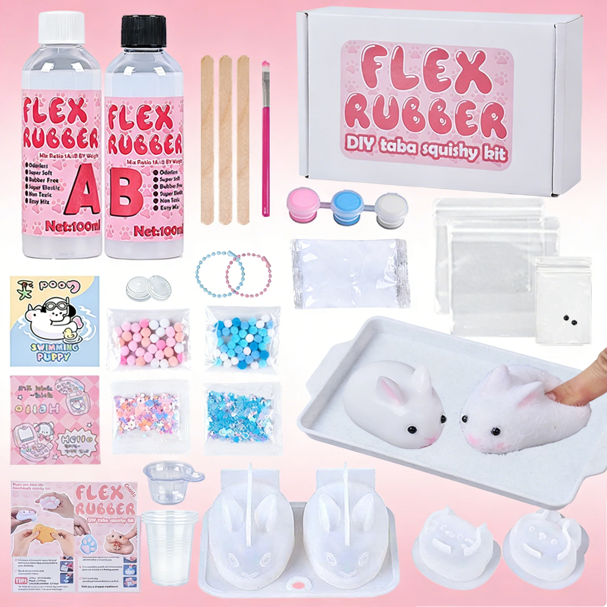 DIY Tier-Serie Taba Squishy Kit Flex-Gummi-Set Flüssiges Gel Niedliche 3D Kaninchen Katze Silikonform mit Handgefertigten Werkzeugen Großhandel