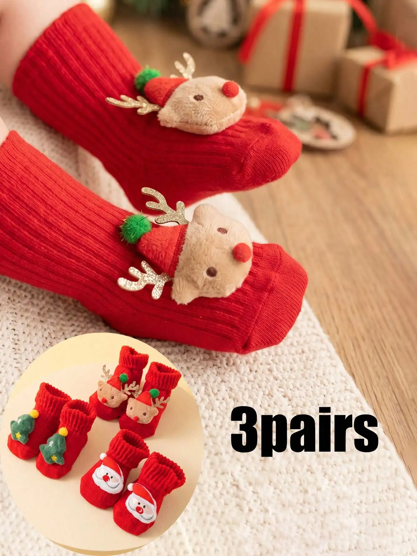 3Pairs 3‑24M Kids 3D Antler Christmas Mid Calf Crew Socks Set, Unisex Boys Girls Red Cotton Socks for Holiday Daily Wear