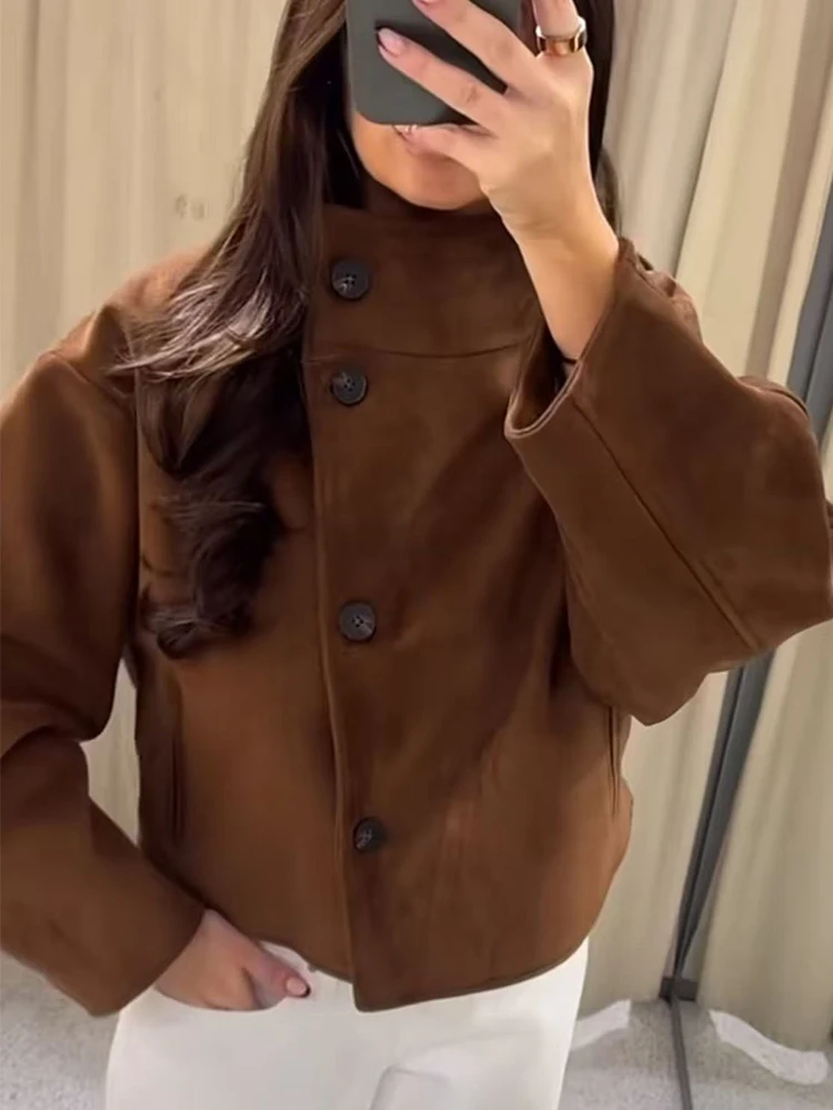 Women Jacket Stand Collar Single Breasted Pockets Loose Fit Sift Cropped Vintage Outerwear Autumn Winter Female Faux Suede Coat