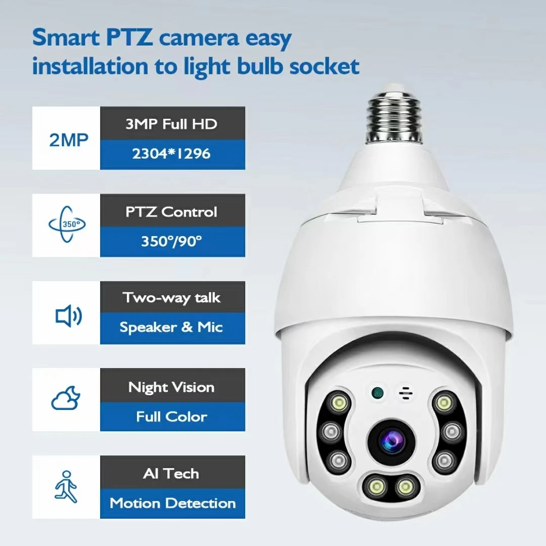 

3MP 1296P Yilot APP E27 Lamp Head Socket Wireless PTZ IP Dome Camera Full Color Night Vision Home Security CCTV Monitor