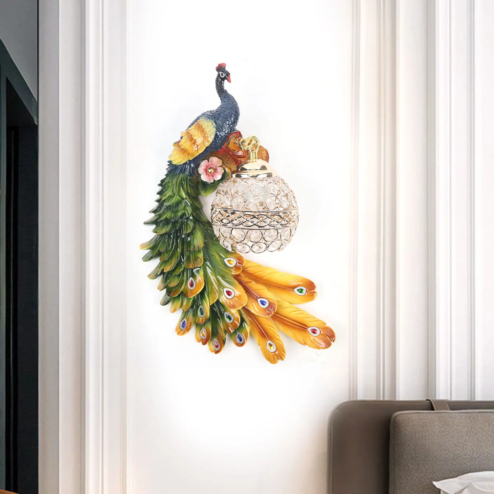 

110V-220V Modern Round Multicolor Peacock Wall Lamp Beautiful Decoration European Style Creative Wall Sconce