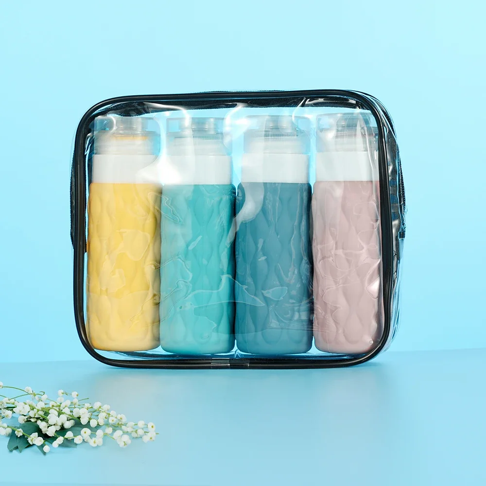 

4pcs 100ml Silicone Travel Bottles Set for Toiletries Leak Squeezable for Cosmetic Shampoo Cream Conditioner Lotion Soap
