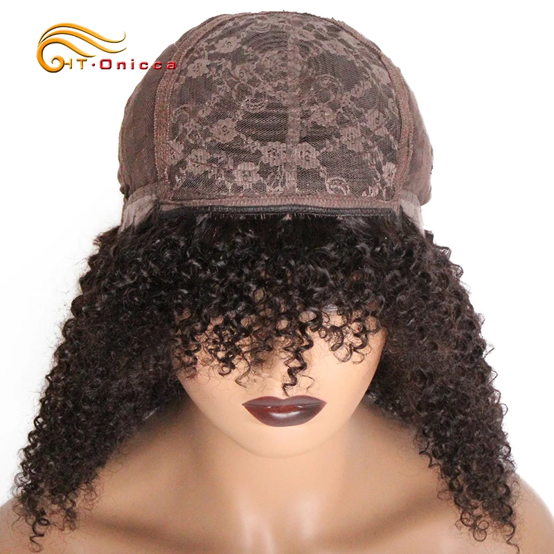 Short Curly Bob Wig With Bangs Full Machine Made Human Hair Wigs Brazilian Curly Hair Wigs For Women 180% Density