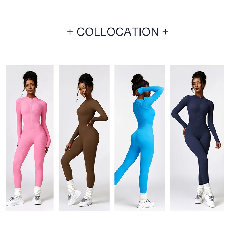 DANCEFISH Tight Long-Sleeved Jumpsuit Women High-Intensity Rib Seamless Stretch All-In-One With Zipper Fitness Aerial Yoga Suit