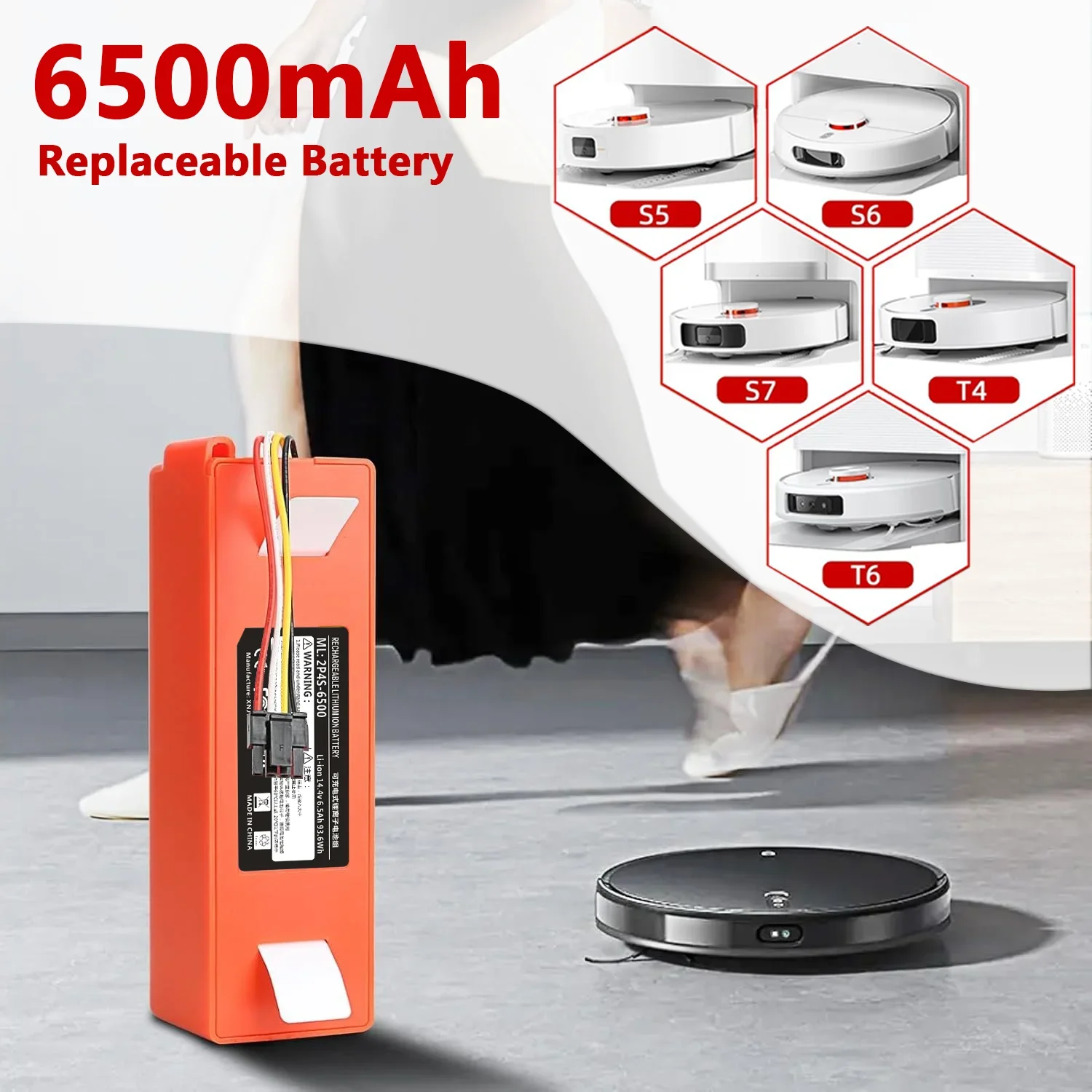 for Roborock S4 S5 S6 S7 Q5 Q7 Max Xiaomi 1st Gen Robot Vacuum Replacement Battery 6500mAh Li-ion 14.4V Long Life