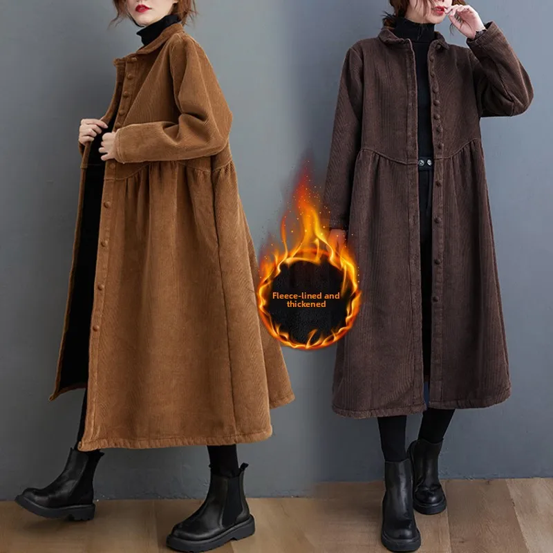 

Thiened Corduroy Fce-ветровка на подкладке Jaet больших размеров, женский длинный све с отложным воротником, теплый топ средней длины трапециевидной формы