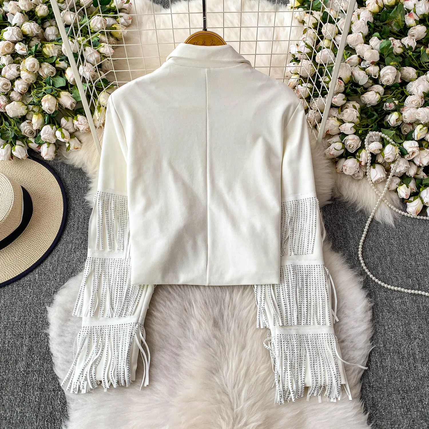 Chic Herfst Winter Vrouwen Diamanten Kralen Kwasten Pak Jas Hot Boren Omzoomd Blazers Jas Losse Lange Mouwen Vest Tops