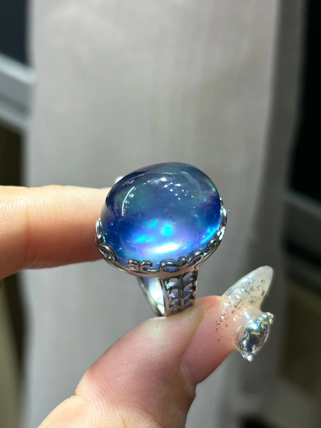 Natural Blue Aquamarine Crystal Dragon Adjustable Ring 21x17mm Silver Aquamarine Ring Fashion AAAAAA