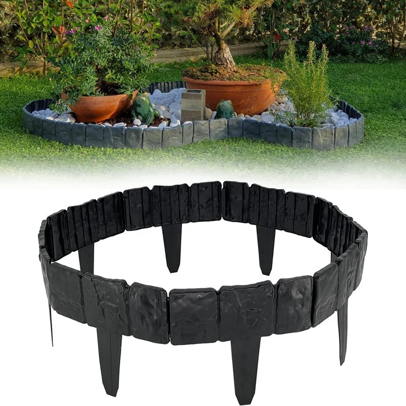 Garden Edging Border, Garden Landscape Edging Borders For Flower Bed, Black Stone Effect Plastic Lawn Edging Fencing