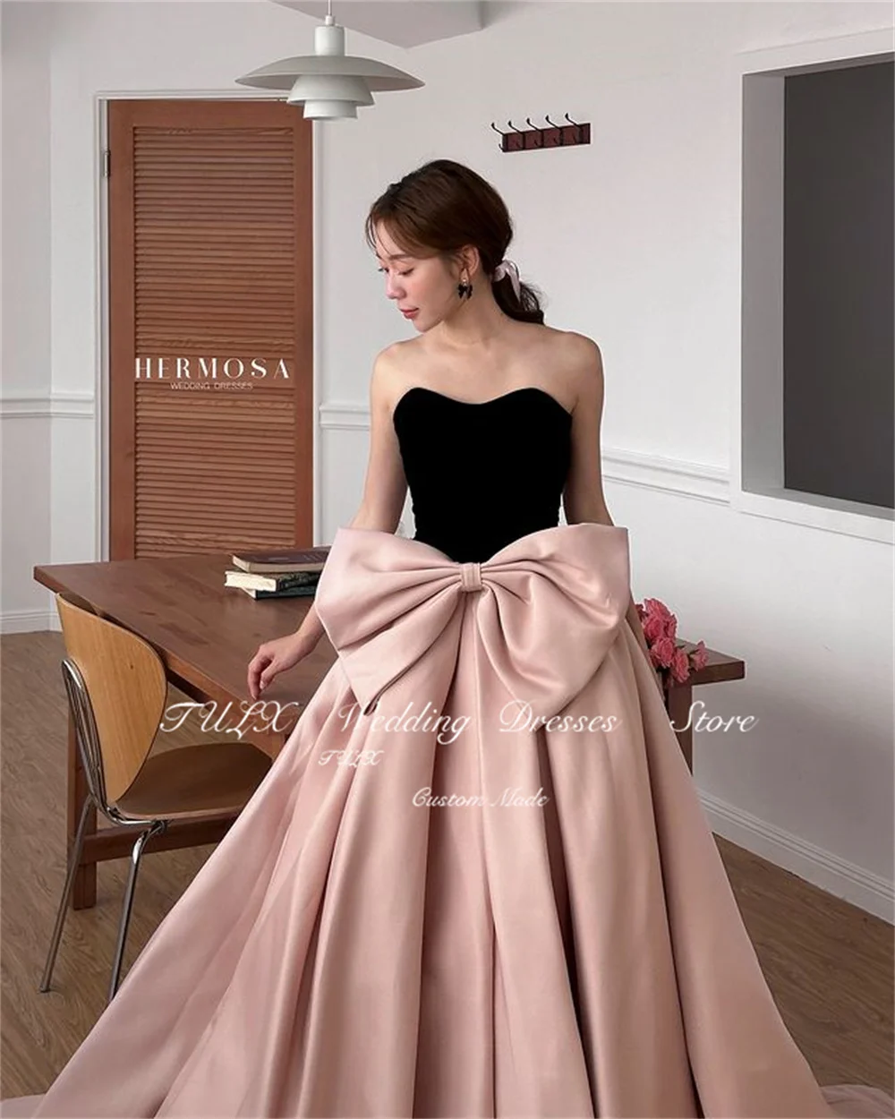 TULX Princess Black Pink Evening Dress Sweetheart A-line Bow Korea Wedding Party Dress Corset Bridal Long Formal Event Custom