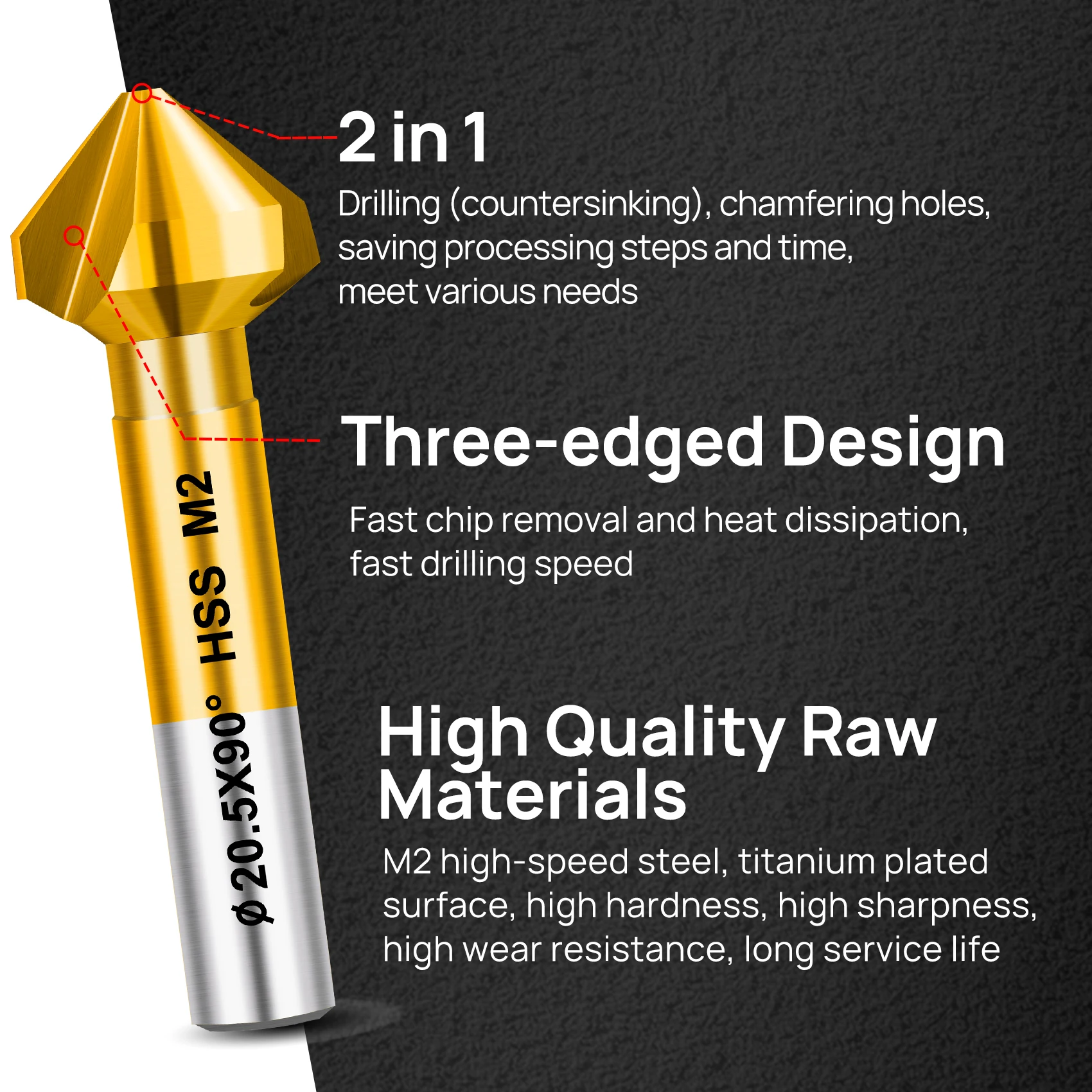 FOCSTOL HSS Metal Chamfer Bit Set Iron Copper Aluminium Wood M2 Triple Edge Stainless Steel Chamfering Tool Round Shank