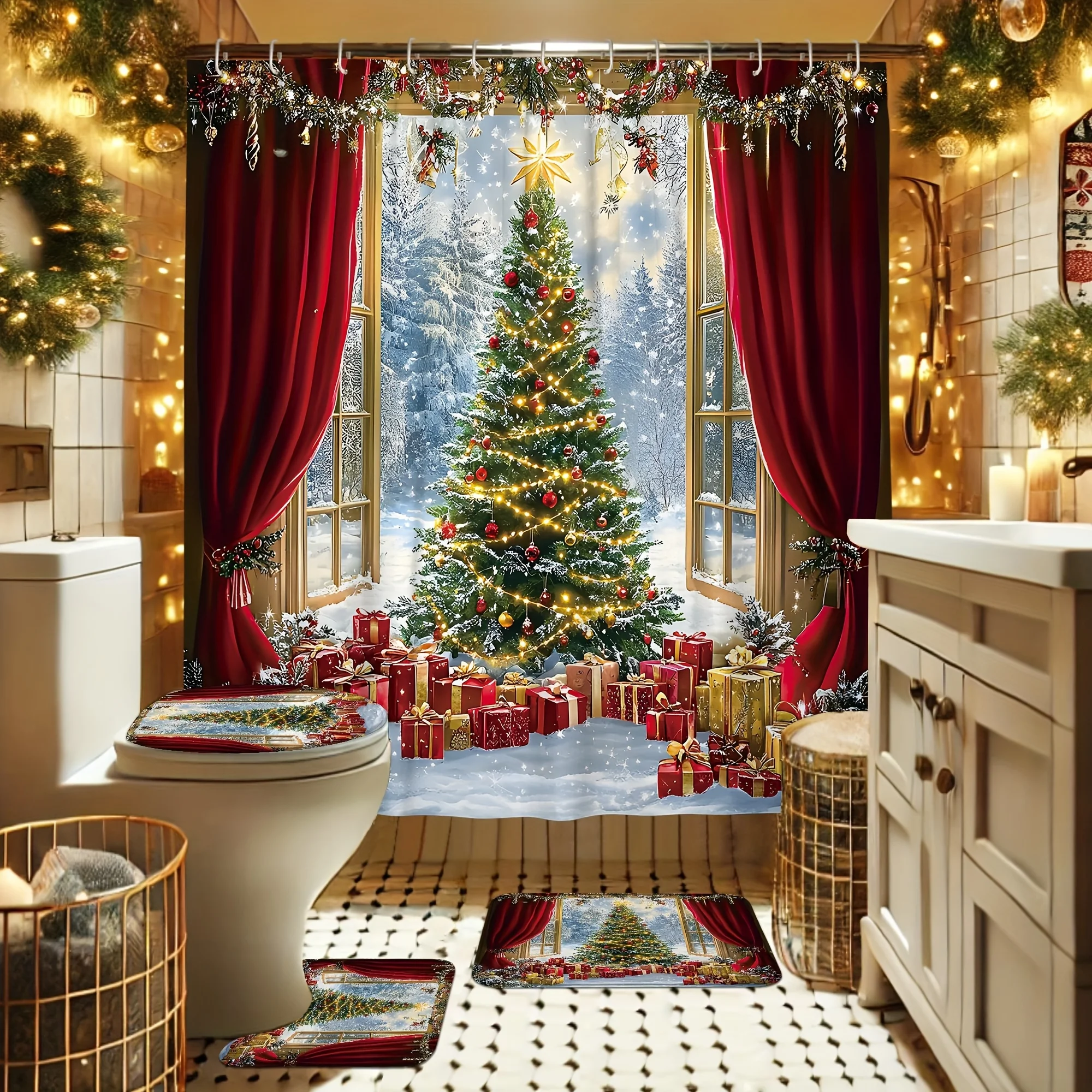 4Pcs Xmas Shower Set,Tree Snow Gift, Red Gold Washable, Winter Scene, Holiday Bath Decor, 12 Hooks, Non-Slip Mat, U-Shaped Cover