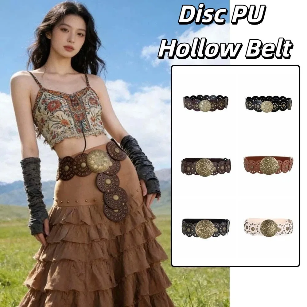 

Пояс из сплава в этническом стиле с заклепками, декоративный ремень для джинсов, широкий ремень с пряжкой-кончо, экстравагантный панк-ремень с полыми дисками из полиуретана, ковбойский стиль