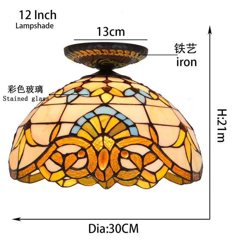 12 Inch 30cm European Retro Corridor Semi Ceiling Lamp Tiffany Stained Glass Lampara Colgantes Para Cocina