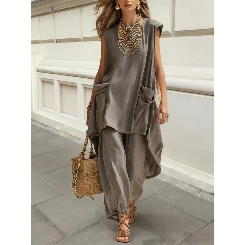 Women Loose Two-piece Sets Sleeveless Large Pockets Irregular Long Top & Harem Pants Set Summer Casual Holiday Solid Suits
