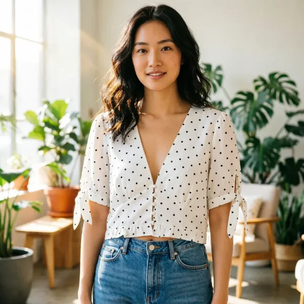 

Women's Top 2026 Summer New Sexy Linen Blend Polka Dot Deep V Half Sleeve Short Casual Pastoral Vacation Women's Top