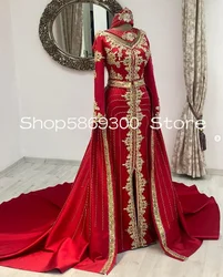 Luxury Red Caftan Mariage Wedding Dreses with Detachable Train Gold Applique Kaftan Morocco Henna Bridal Gown Cusotmsized