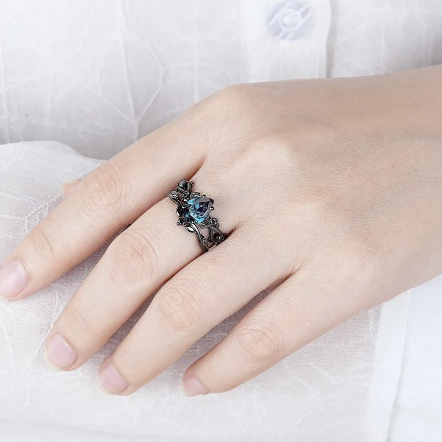 Nuevo superventas, nuevo anillo de diamante negro con incrustaciones de azul marino para mujer, anillo de compromiso de boda, venta al por mayor, tamaño 5-11