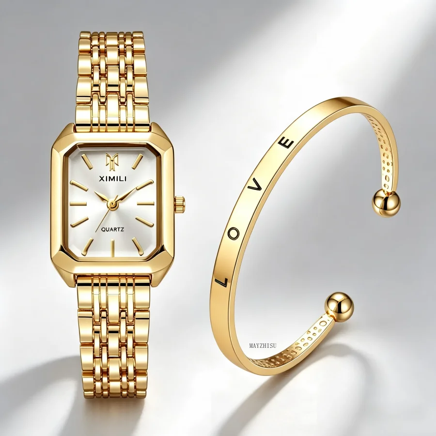 Luxury Women Watches with bracelet Fashion Rectangle Ladies Steel Band Quartz Watch Business Wristwatches Girls Clock Gift