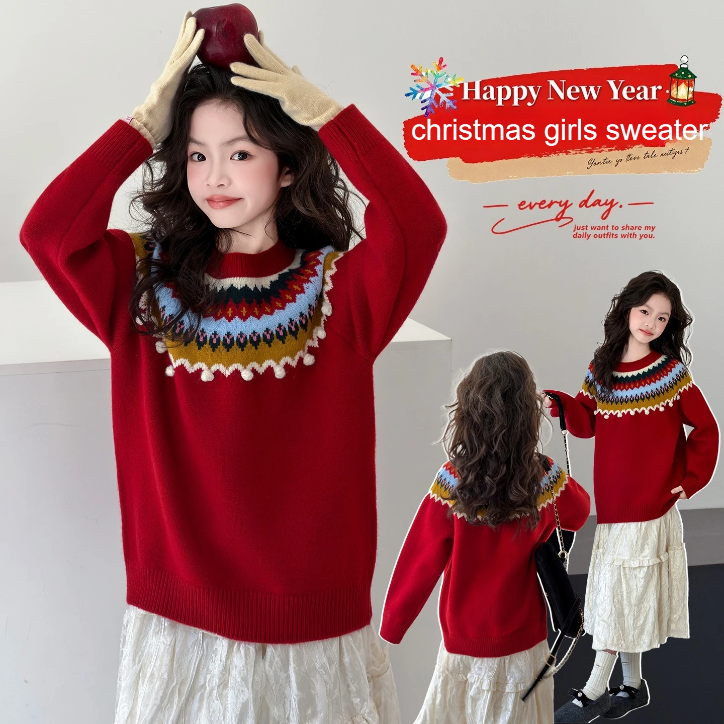 خمر معرض جزيرة عيد الميلاد سترة الفتيات الأحمر الكروشيه متماسكة البلوز الثقيلة التطريز شتاء دافئ أعلى في سن المراهقة مدرسة الاطفال الملابس #3