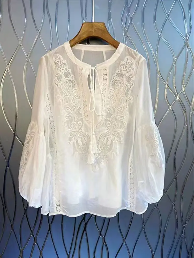 Heavy Embroidery Cotton Blend Women's Shirt Lantern Sleeve Chiffon Sun Protection Loose Fit round Neck Long Sleeve Top